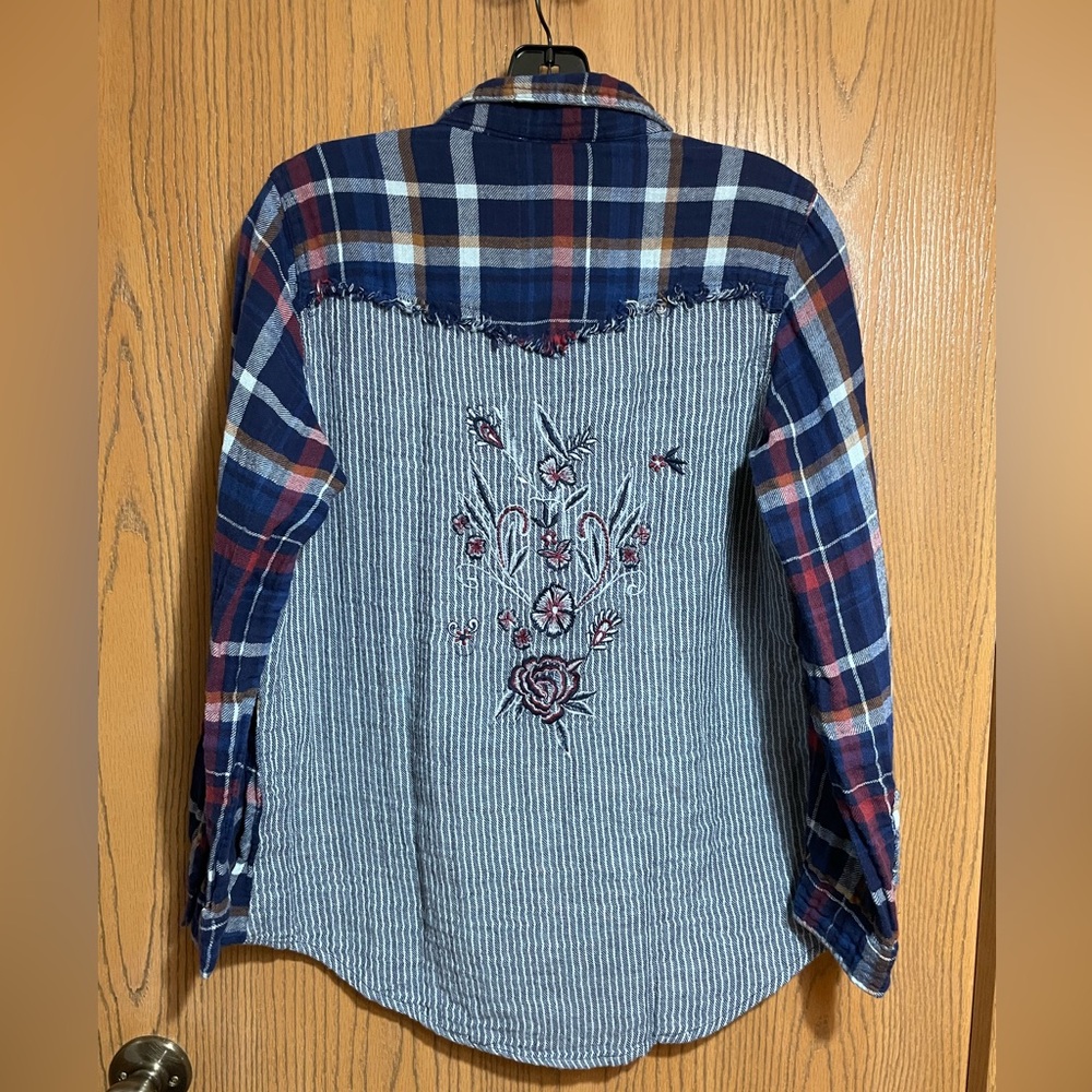 Plaid Flannel Shirt with Embroidered Back Panel - Red and Blue